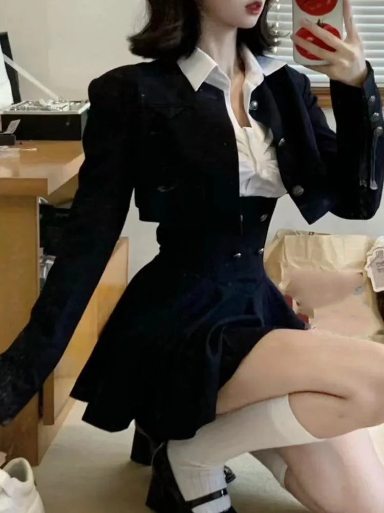 Voguable  Y2K 3 Piece Set Cropped Coat + Long Sleeve Shirt + High Waist Halter Ruffles Mini Dress Korean Chic Outfits