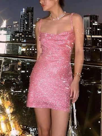 90s Rave Outfit Glitter Cowl-Neck Lace Up Sequins Dress Y2K Clubwear Backless Bodycon Strape Mini Dress Party Cloth