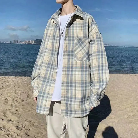 Turn-down Collar Long Sleeve Plaid Blouse Clothing Korean All-match Simplicity Button Y2K Shirts