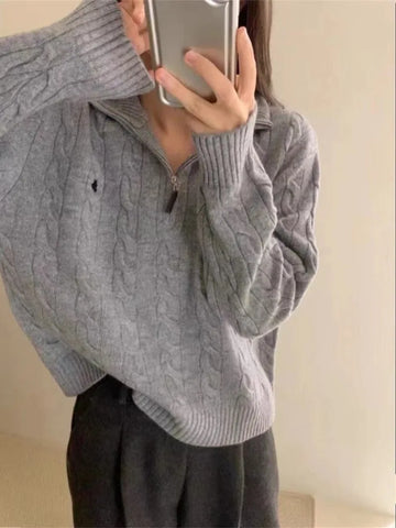 Voguable  Y2k Vintage Streetwear Knitted Pullovers Korean Style Casual Losse Zipper Solid Embroidery Sweater