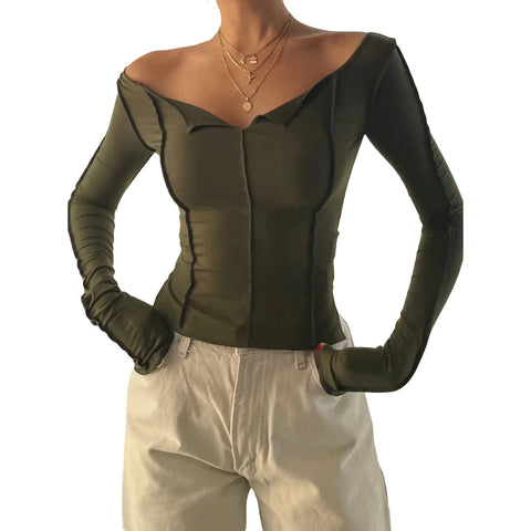 T-shirt Long Sleeve Boat Neck Spliced Slim Fit Shirts Solid Color Korean Kawaii Y2K Crop Tops Streetwear