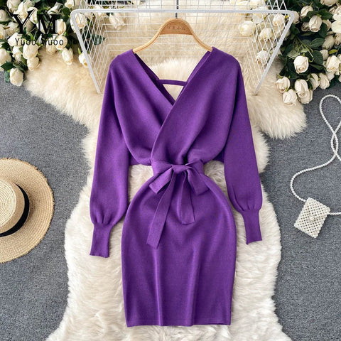Y2K Casual Vestidos Dress  Winter Bodycon Knitted Sweater Dress Elegant  Office Ladies Dress