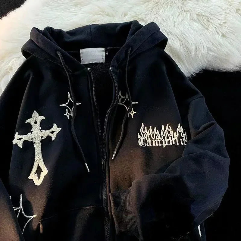 Y2K Letter Embroidered Hoodie Winter Vintage Zip Up Oversized Sweatshirt Harajuku Long Sleeve Hooded Jacket Clothes