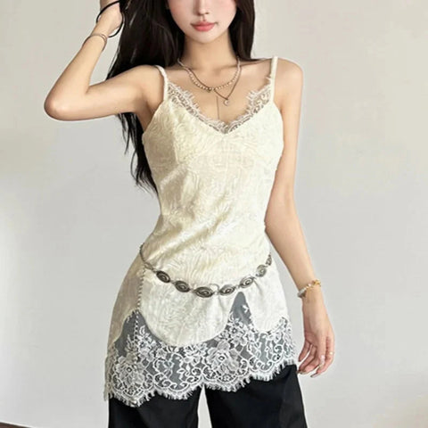 Lace Patchwork V-Neck Camis Y2K Spaghetti Straps Sleeveless Tank Korean Irregular FeVest