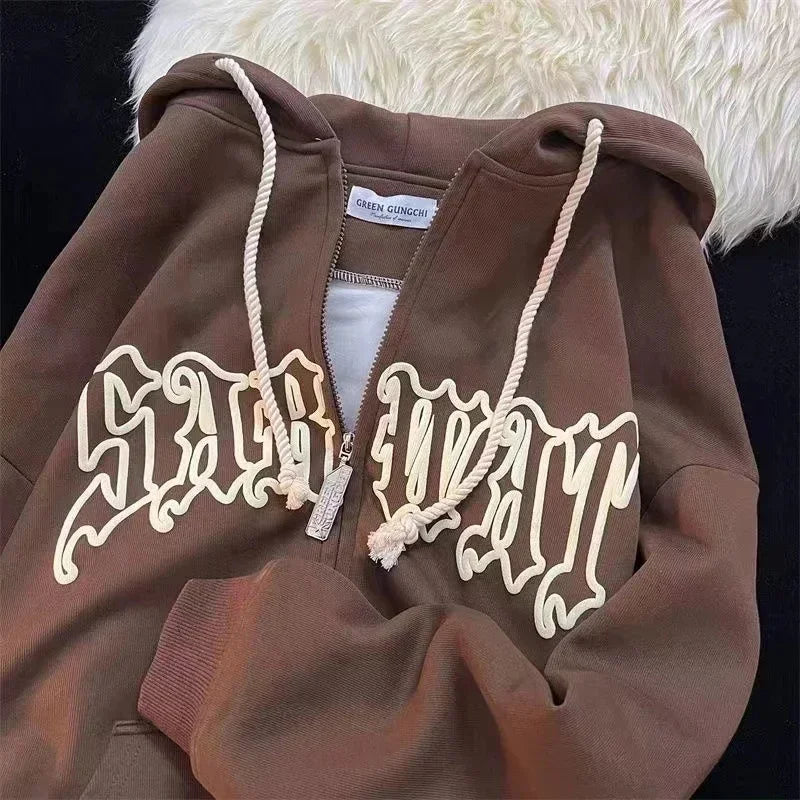Y2K Letter Embroidered Hoodie Winter Vintage Zip Up Oversized Sweatshirt Harajuku Long Sleeve Hooded Jacket Clothes