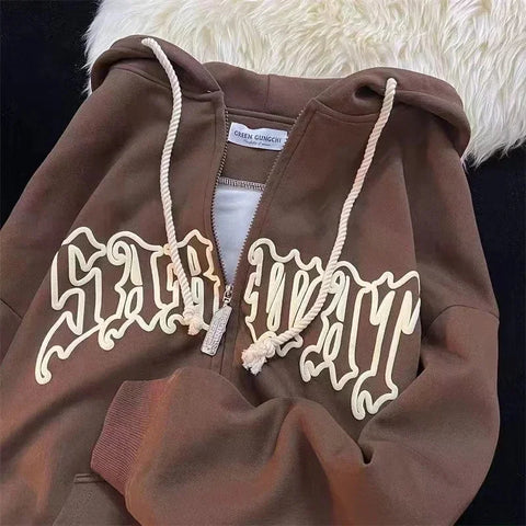 Y2K Letter Embroidered Hoodie Winter Vintage Zip Up Oversized Sweatshirt Harajuku Long Sleeve Hooded Jacket Clothes