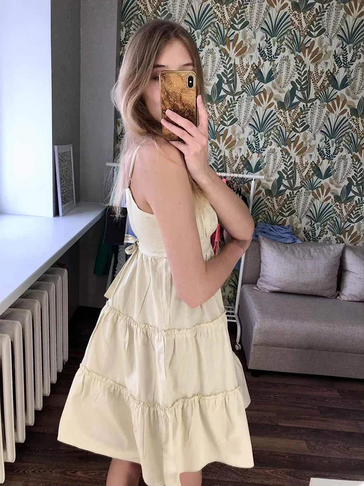 Voguable  Vintage Girls y2k Sweet Cascading Yellow Dress Ladies Soft Cotton Cute Midi Dresses for Chic Outfits
