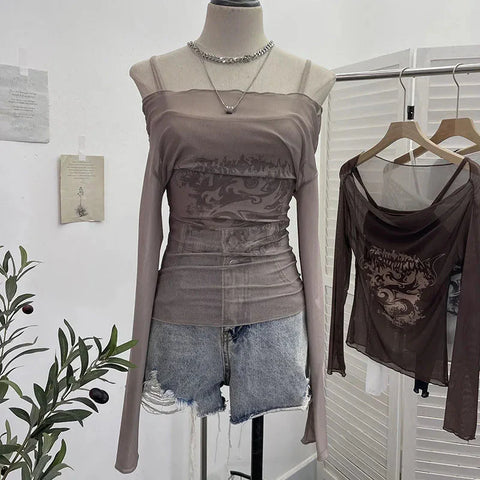 Slash Neck Mesh Sunscreen T Shirt Y2K Streetwear Print Long Sleeve Patchwork Camis Suit Folds Slim All Match Tees