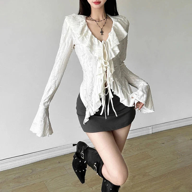 Fairycore Top White Clothes Gothic Ruffled V Neck Flared Long Sleeve Ripped Blouse Shirt y2k Aesthetic Clothing