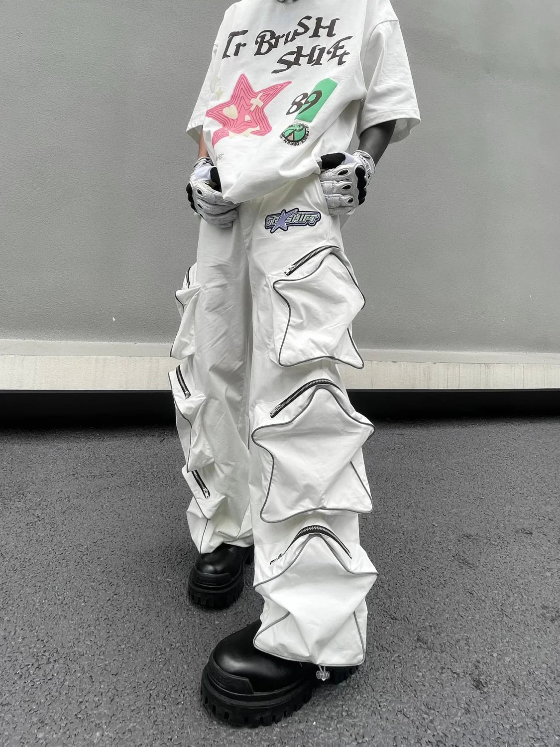 Voguable Y2k Cargo Pants Five Pointed Star Three Dimensional Multi Pocket Black Pants Reflective Casual Straight Leg Pants Streetwear