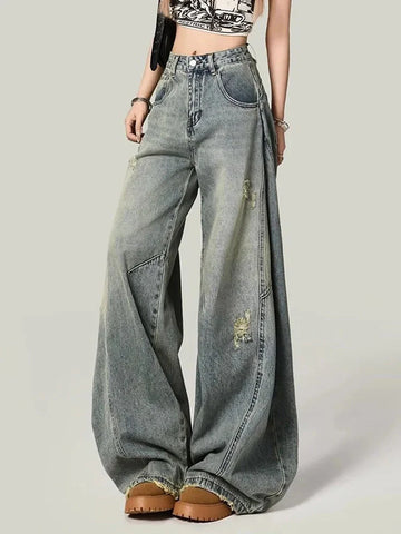 Y2K Hole Jeans Streetwear American Retro High Waist Loose Denim Pants Casual Hip Hop Vintage Pockets Lady Gothic Trousers