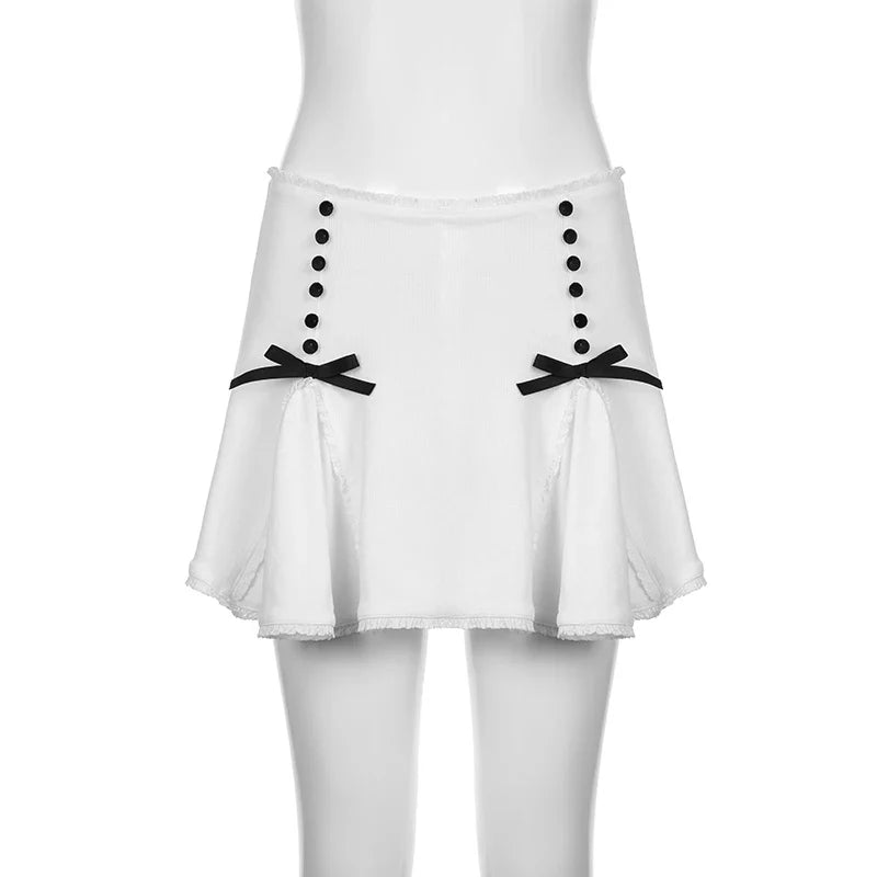 Voguable Cute Lace Bow Patchwork Mini Skirt White Japanese Style High-waisted A-line Skirts Coquette Y2K Bottoms Lolita Girls