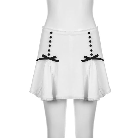 Voguable Cute Lace Bow Patchwork Mini Skirt White Japanese Style High-waisted A-line Skirts Coquette Y2K Bottoms Lolita Girls