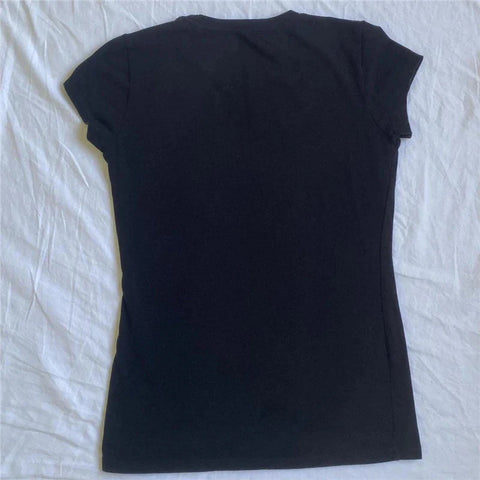 Cyber y2k Tops Cybercore Clothing Rhinestone Cross Print Short Sleeve Baby Tee 2000s Aesthetic T Shirt Streetwear