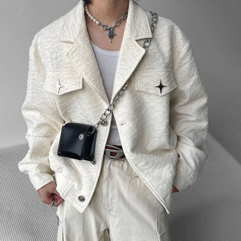 Harajuku Loose Metal Decorated Y2k Short Jacket Winter Genderless Retro Casual Trendy Street Texture Jacket Unisex