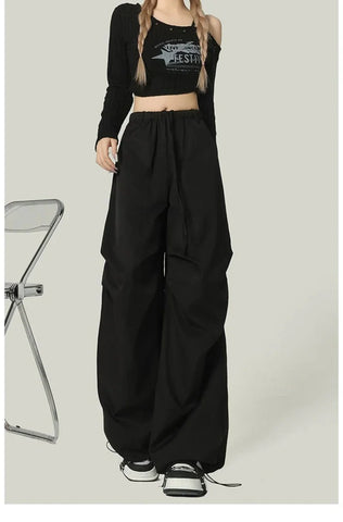 Black Y2K Streetwear Cargo Pant Vintage High Waist American Loose Trousers Hip Hop Retro Bf Wrinkles Paratrooper Pants New
