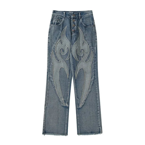 Vintage Flame Embroidered High Rise Jeans Washed Old Loose Fit Jeans Y2K Jeans Casual Pants Loose Fit Jean
