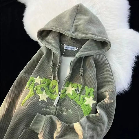 Y2K Letter Embroidered Hoodie Winter Vintage Zip Up Oversized Sweatshirt Harajuku Long Sleeve Hooded Jacket Clothes