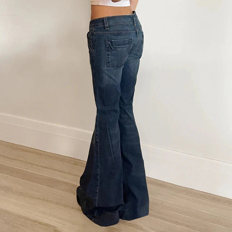 Blue Low Rise Flare Jeans Vintage 2000s Slim-fitting Denim Pants Korean Style Trousers y2k Distressed Mom Jeans 90s