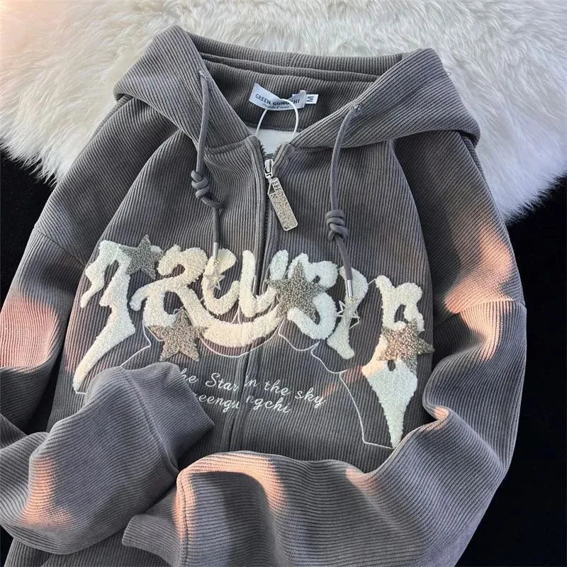 Y2k American Retro Embroidery Corduroy Coat Harajuku Thin Casual Preppy Loose Hoodie Cardigan Coat Trend