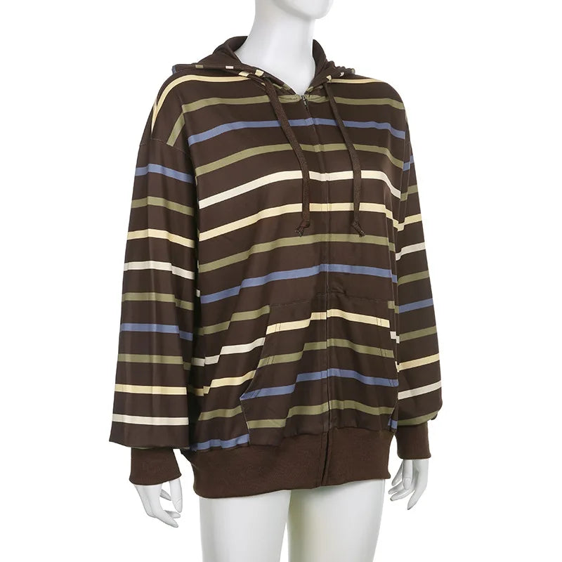 Simple Color Contrast Striped Y2k Zipper Drawstring Hoodie Coat European And American Trend Wear
