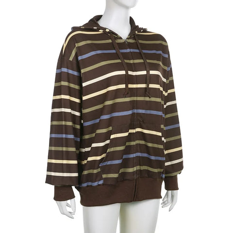Simple Color Contrast Striped Y2k Zipper Drawstring Hoodie Coat European And American Trend Wear