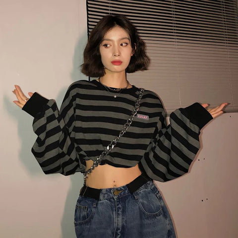 Voguable Cropped Y2K Striped Sweatshirts Harajuku Gothic Tops Vintage Streetwear Casual Bf Oversize Long Sleeve Pullover