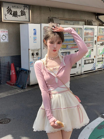 Voguable Sweet Square Neck 2 Piece Dress Set Short Sleeve Y2k Crop Tops + Casual Mini Skirt Korean FeSuit