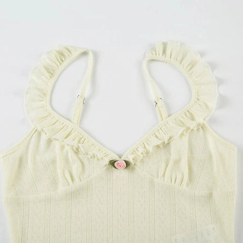 Cute Coquette Ruffles V-neck Crop Top Casual Hollow Out Holes Tees Y2k Aesthetic Vest Holiday Clothing