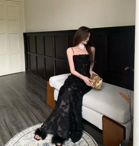 Voguable Black Party Midi Dress See-through Strap Y2k Dress FeLace Chic Korean Slim Vintage Dress New