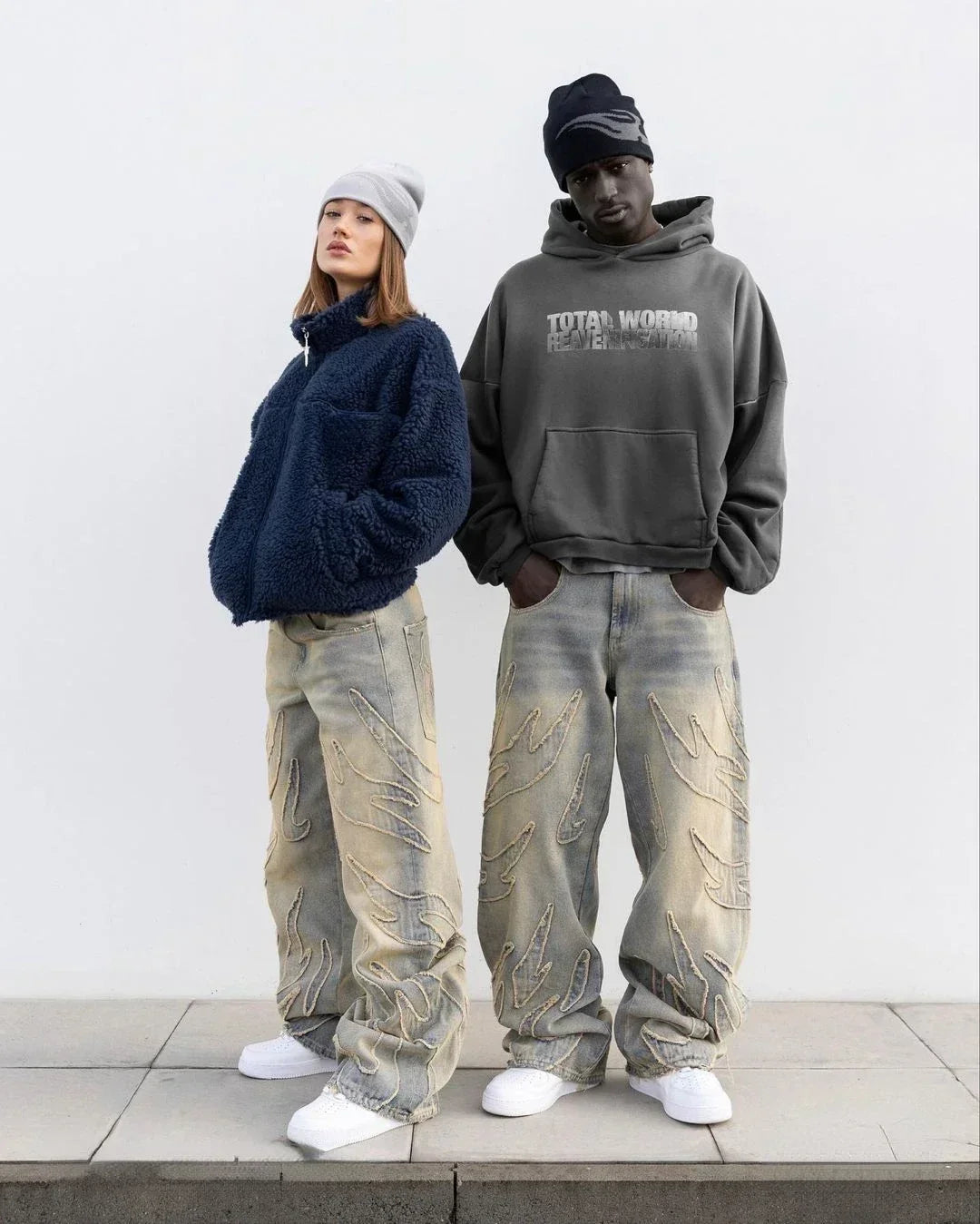 Vintage Raw Edge Embroidery Denim Pants Streetwear Distressed Patchwork Baggy Jeans for Y2k Straight Wide Leg Trousers