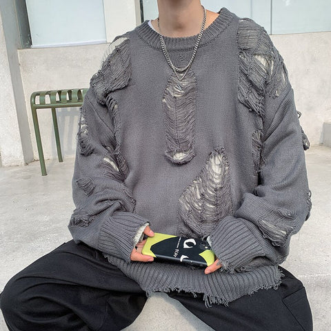 Ripped Sweaters Pullovers for Baggy High Street Retro Japanese Design Y2k Knitwear Harajuku Свитер Handsome Cool Teens Chic