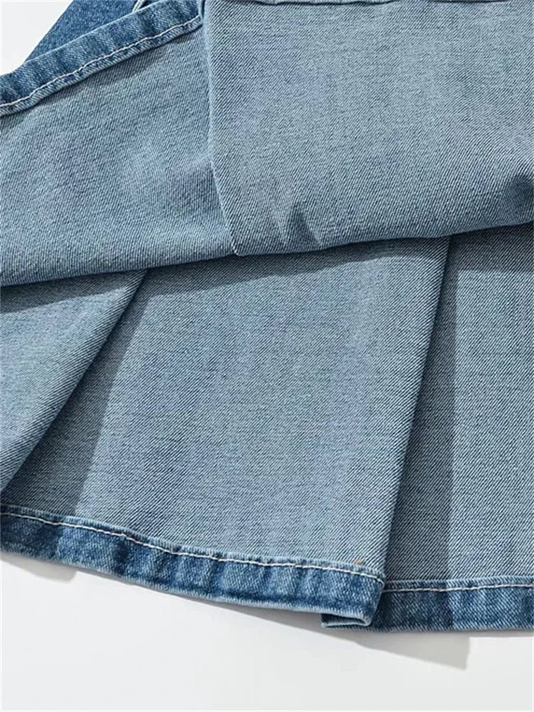 Denim Y2k Skirt with Pleats and Belt 90s E-girl Korean Skirts For High Street Jeans Short Bottom