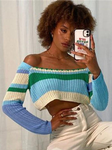 Voguable Knitted Y2K Clothes Crop Top Colored Striped Off The Shoulder T shirts Long Sleeve Trendy Short WoTops