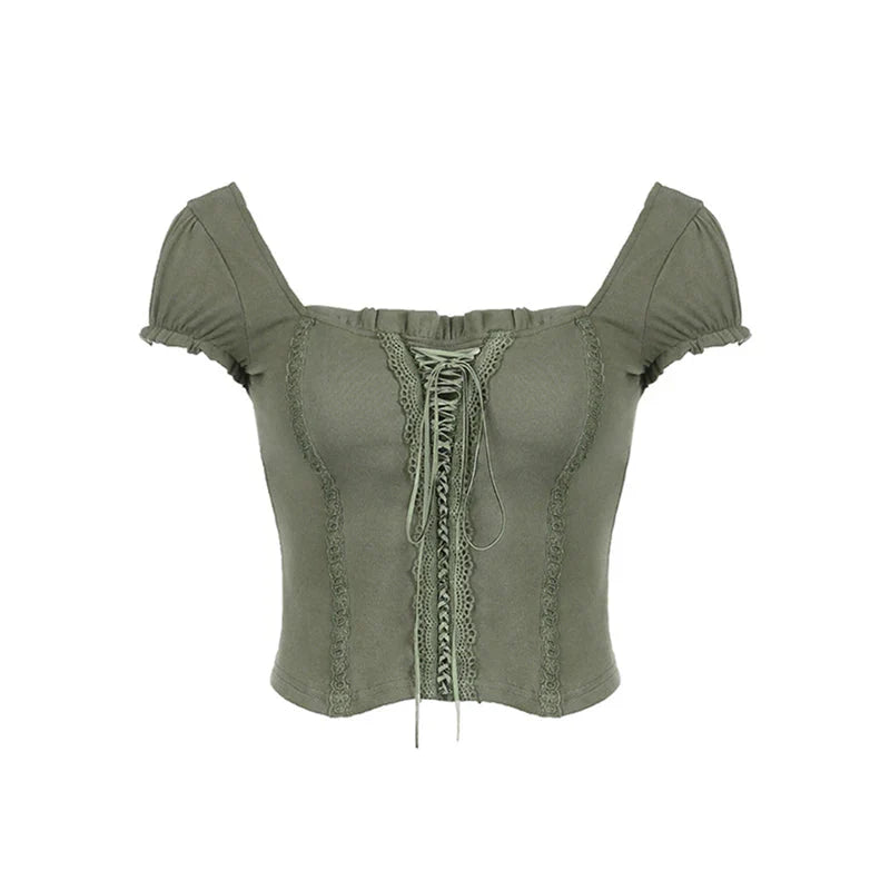 y2k Tops Coquette Clothing Lace Trim Tie Front V Neck Short Sleeve T Shirts 2000s Grunge Clothes Streetwear