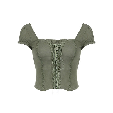 y2k Tops Coquette Clothing Lace Trim Tie Front V Neck Short Sleeve T Shirts 2000s Grunge Clothes Streetwear