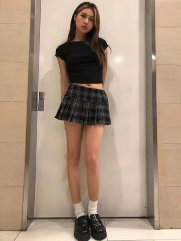 Vintage Y2K Plaid Mini Skirt Preppy Style Low Waist Slim A-line Side Split Retro Pleated Skirt Streetwear