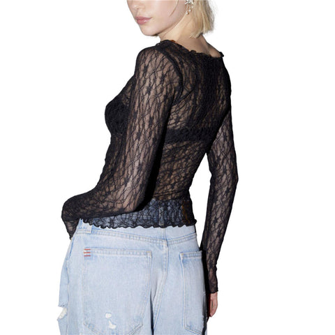 Lace Tops for y2k Clothes Sheer See Through Round Neck Long Sleeve Ruched T Shirt 2000s Clothing Party Clubwear