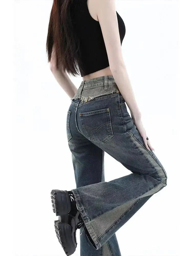 American High Street Spicy Girls Low Waist Jeans Vintage Y2k Design Sense Slim Fit Straight Tube Micro Flare Pants