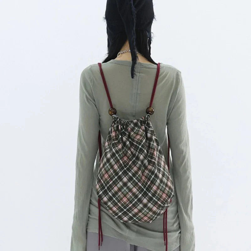 Patchwork Drawstring Vintage Plaid Backpack Y2k Aesthetic Grunge Schoolbags Streetwear Y2k Aesthetic Backpacks for Women