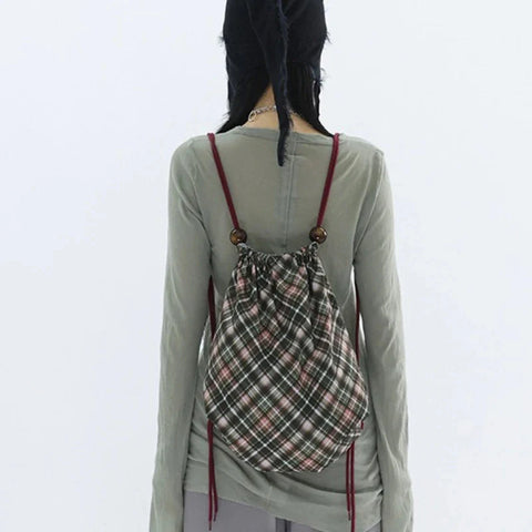 Patchwork Drawstring Vintage Plaid Backpack Y2k Aesthetic Grunge Schoolbags Streetwear Y2k Aesthetic Backpacks for Women