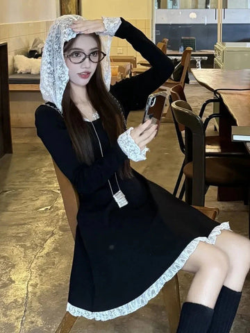 French Lace Patchwork Y2K Dress Hooded Long Sleeves Slim Waist A-Line Short Skirt Chic Vestidos