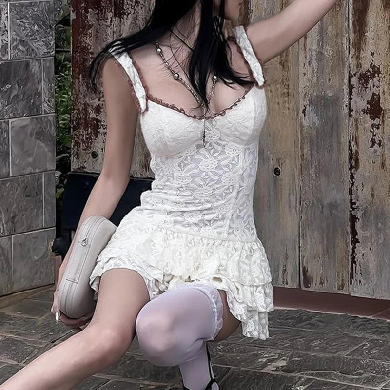 Voguable  French Style Contrast Ruched Tiered A-line Dress Holiday Party Cute Spaghetti Strap Sundress Beach Mini Robe Y2K