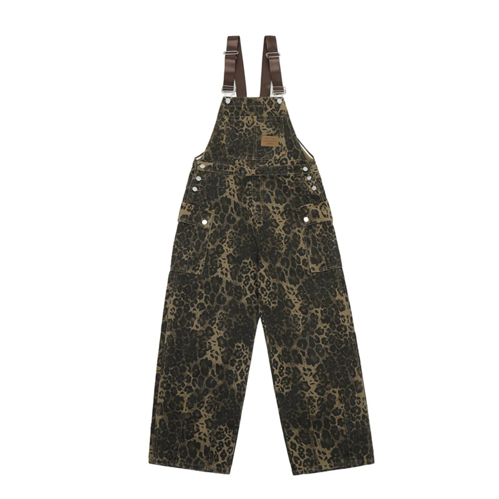 Leopard Jumpsuits Y2k Clothes Streetwear Wide Leg Baggy Jumpsuits Multi-Pocket Loose Cargo Overalls Rompers