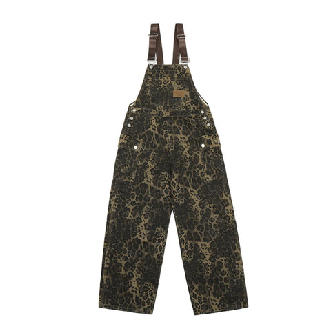 Leopard Jumpsuits Y2k Clothes Streetwear Wide Leg Baggy Jumpsuits Multi-Pocket Loose Cargo Overalls Rompers