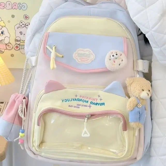 Transparent Sweet Kawaii Backpack High-capacity Y2k Aesthetic Schoolbag Students Contrast Color Patchwork Ita Bags