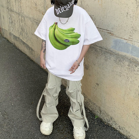 Banana Print Korean Chic Y2k Short Sleeve T-shirt Couples Large Loose Casual Tops All-match Slim Fit Tees