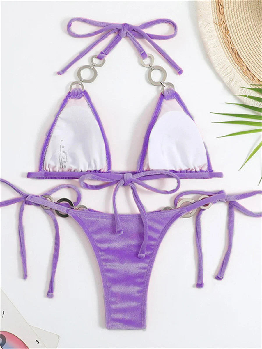 Voguable Triangle Bikinis Set Solid Pink Criss Cross Velvet Swimsuit Luxury Rhinestone Bathing Suit Metal Swimwear Y2K