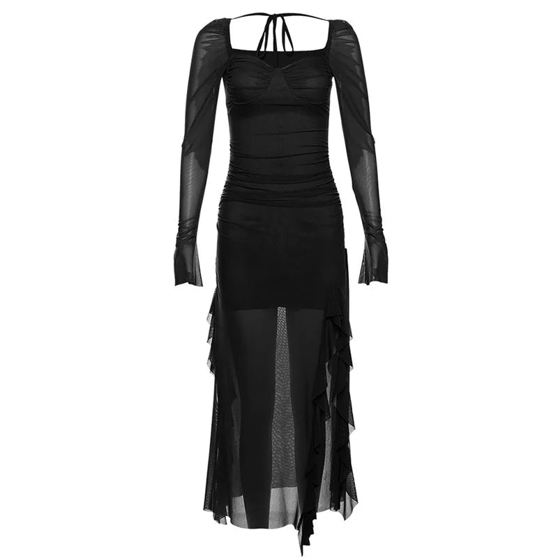 Y2k Gentle Temperament Ruffled Square Collar Slit Dress FeCross-Border Solid Color Long Sleeve Strap Wrapped Hip Long Dress