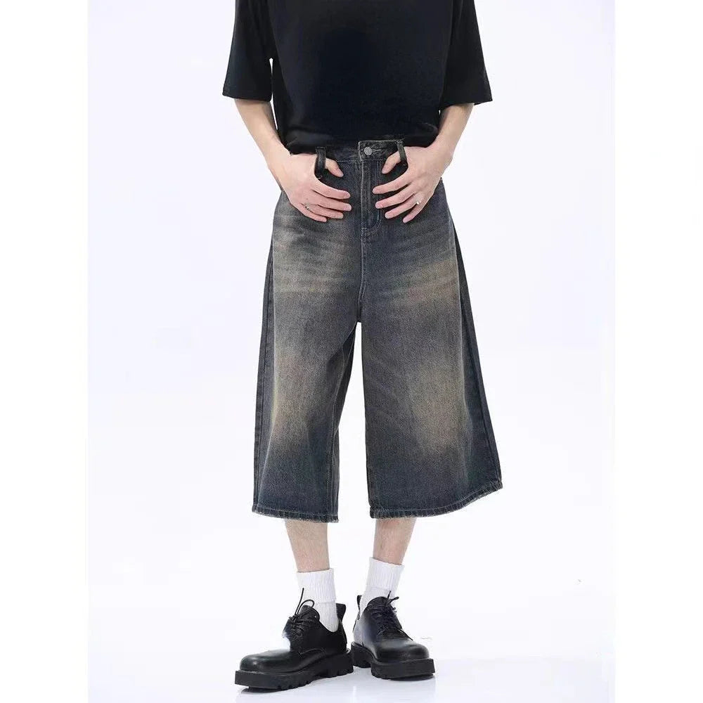 Voguable Y2k Retro Low Rise Jorts Brushed Black Wash Cropped Baggy Jeans Wide Leg Frayed Denim Short Pants Acubi Fashion